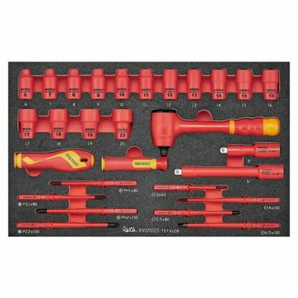 Teng Tools 28 Piece 1000 Volt Insulated 3/8 Inch Drive 6 Point Shallow Socket, Extension Bar TEFXV28